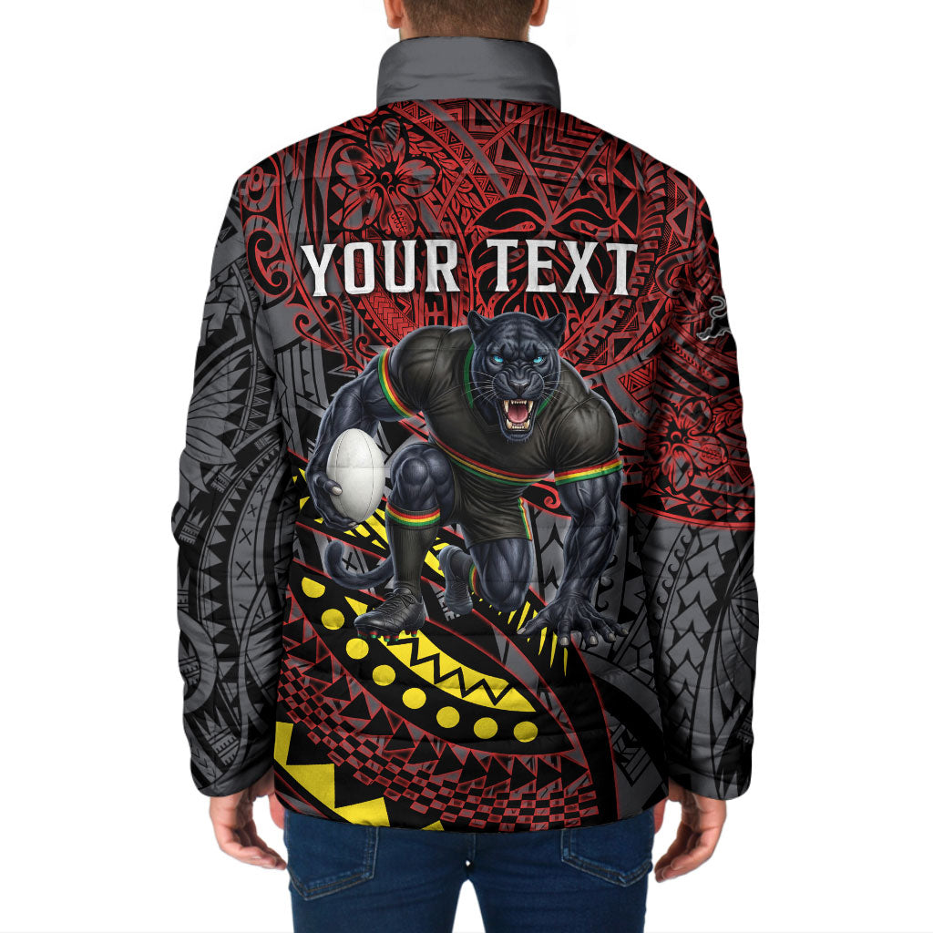 Personalised Penrith Panthers Padded Jacket Polynesian Tribal Art Style With Fierce Panther Mascot
