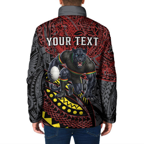 Personalised Penrith Panthers Padded Jacket Polynesian Tribal Art Style With Fierce Panther Mascot