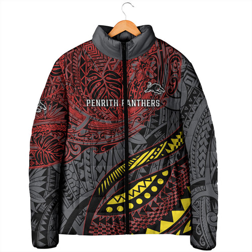Personalised Penrith Panthers Padded Jacket Polynesian Tribal Art Style With Fierce Panther Mascot