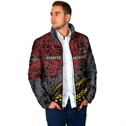 Personalised Penrith Panthers Padded Jacket Polynesian Tribal Art Style With Fierce Panther Mascot