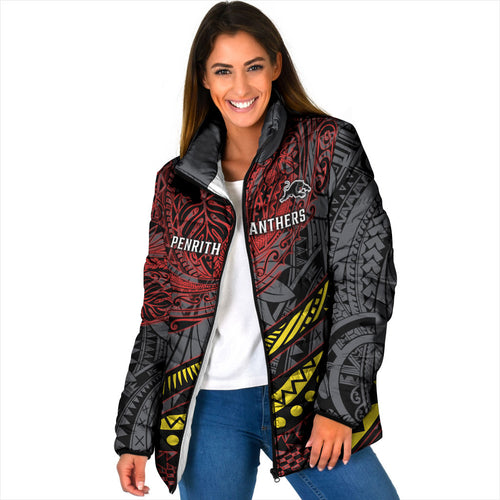Personalised Penrith Panthers Padded Jacket Polynesian Tribal Art Style With Fierce Panther Mascot