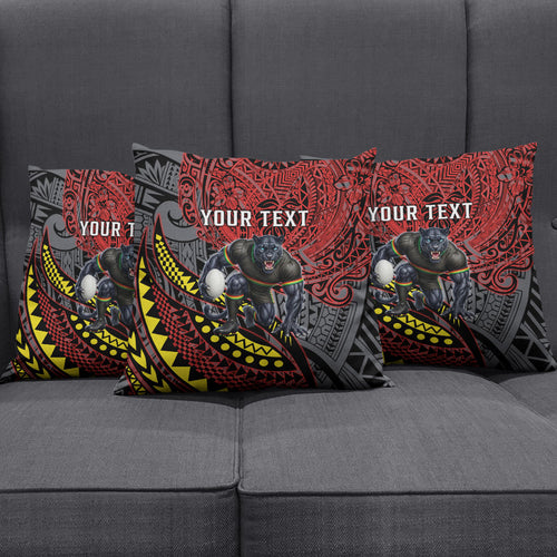 Personalised Penrith Panthers Pillow Cover Polynesian Tribal Art Style With Fierce Panther Mascot