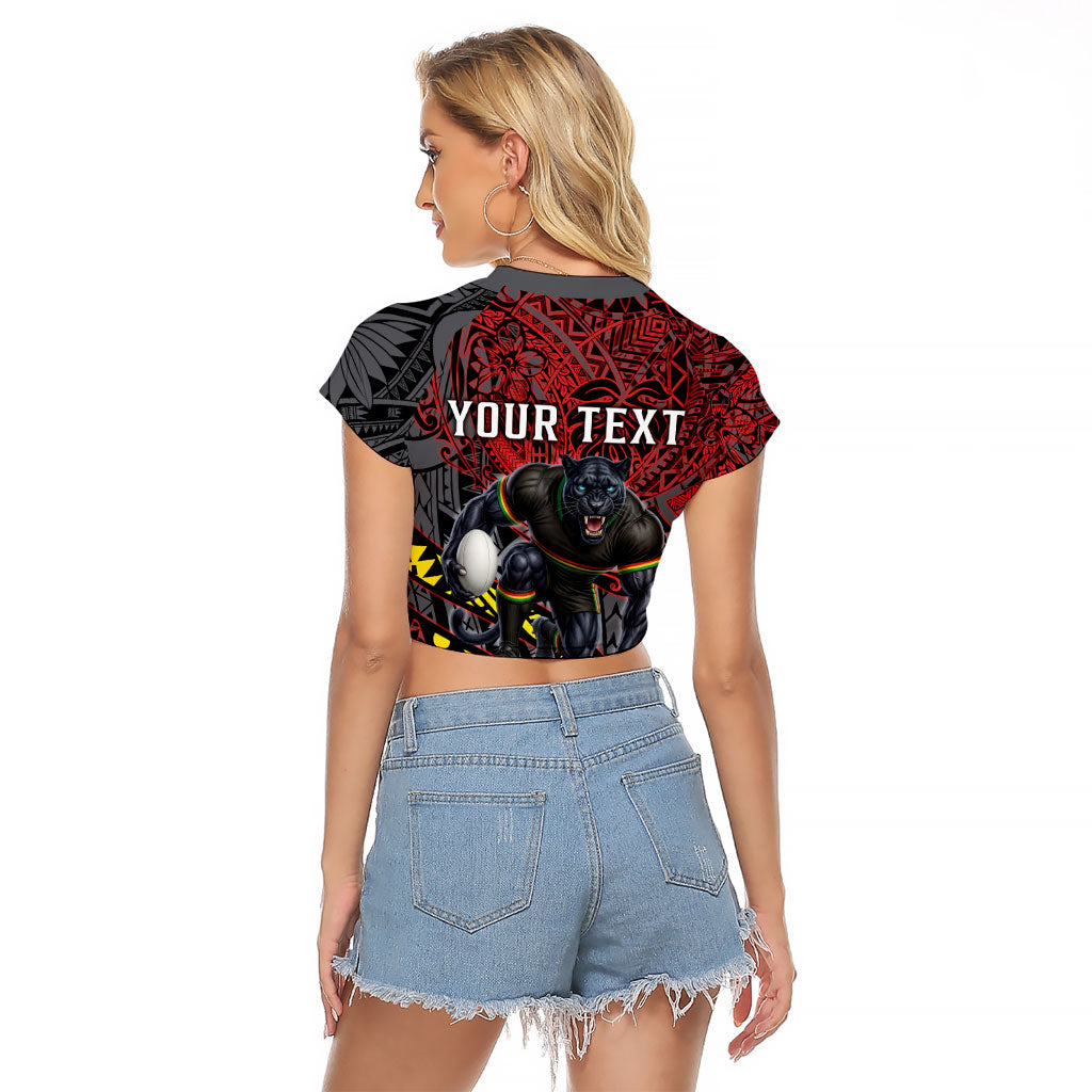 Personalised Penrith Panthers Raglan Cropped T Shirt Polynesian Tribal Art Style With Fierce Panther Mascot