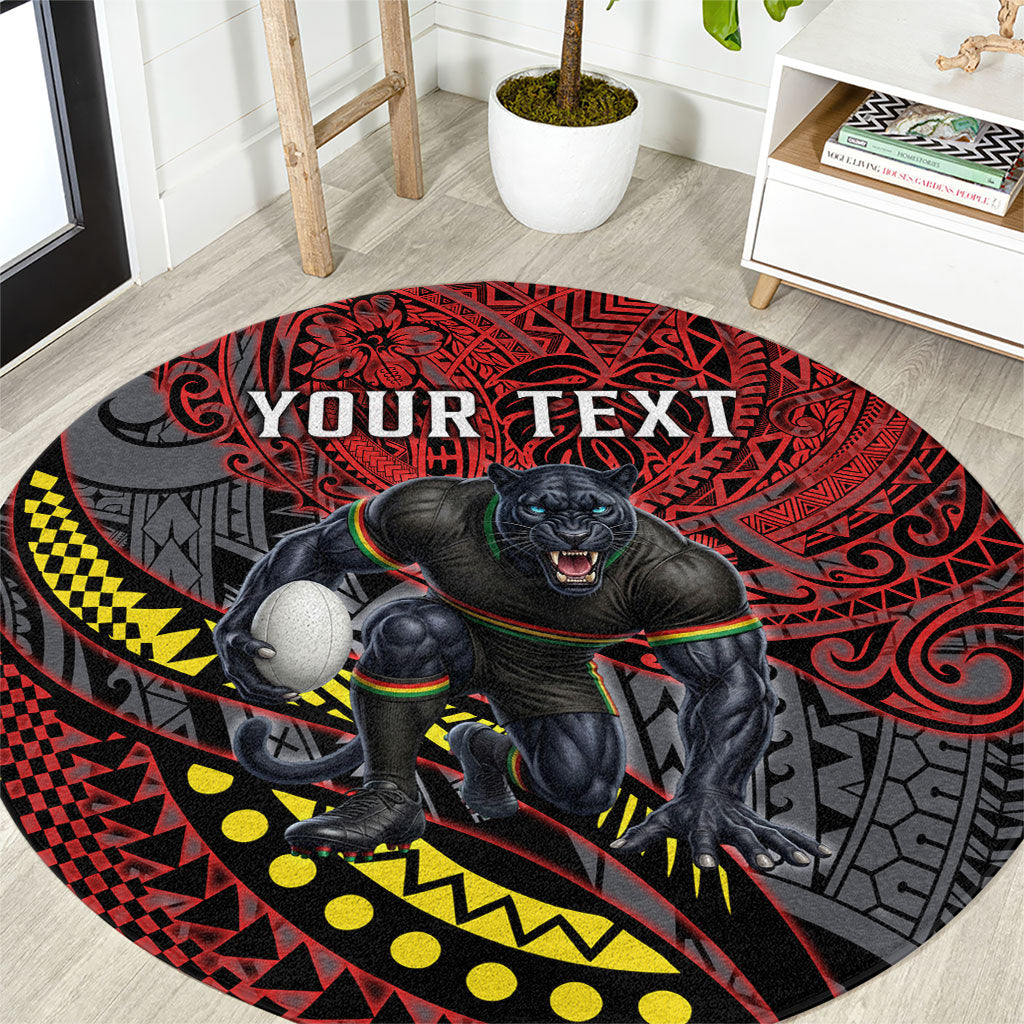 Personalised Penrith Panthers Round Carpet Polynesian Tribal Art Style With Fierce Panther Mascot