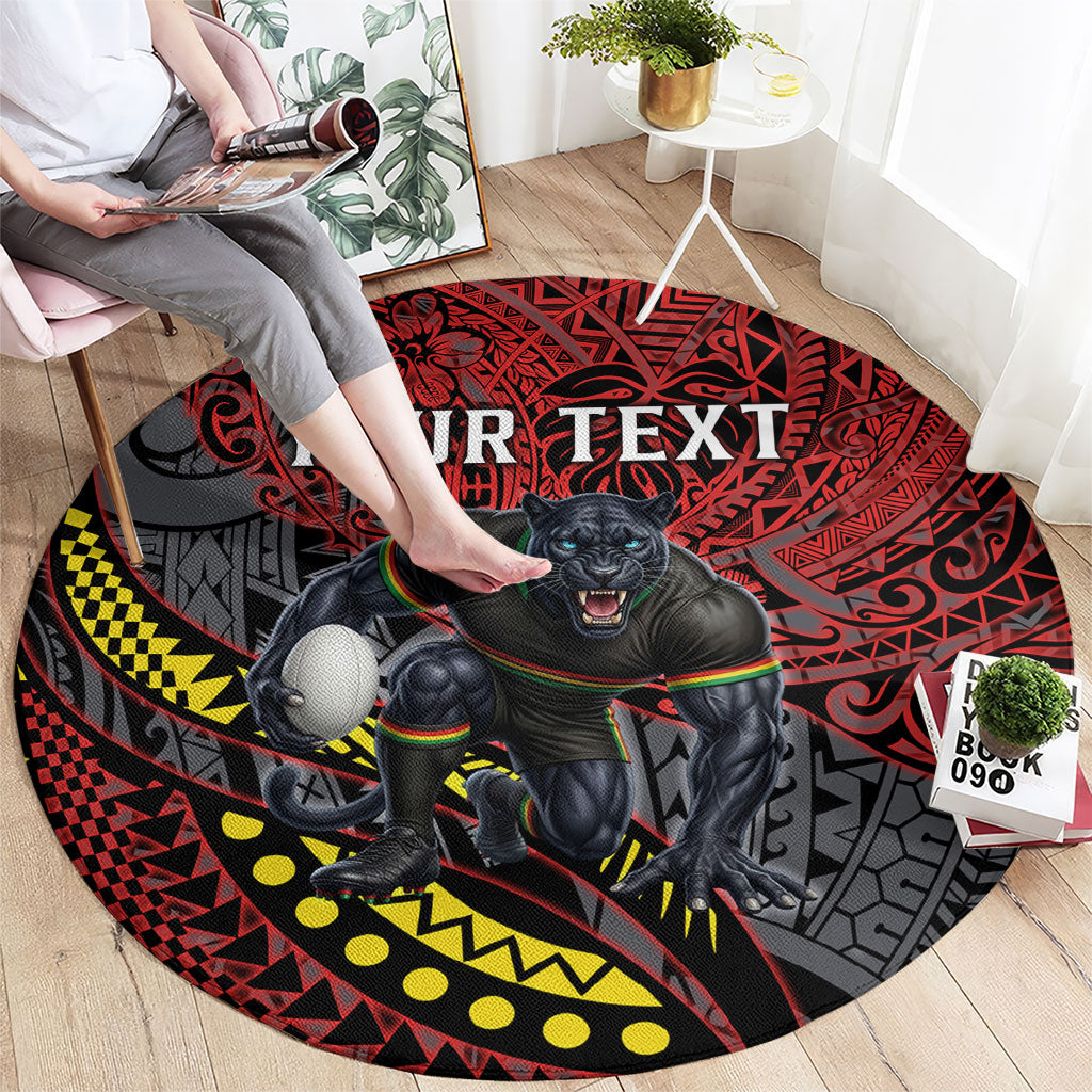 Personalised Penrith Panthers Round Carpet Polynesian Tribal Art Style With Fierce Panther Mascot