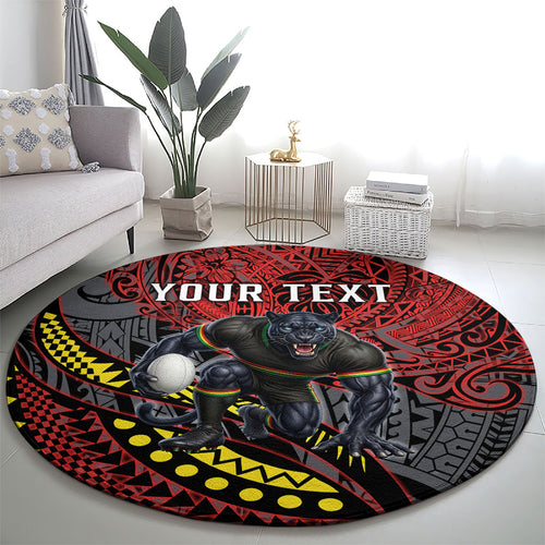 Personalised Penrith Panthers Round Carpet Polynesian Tribal Art Style With Fierce Panther Mascot
