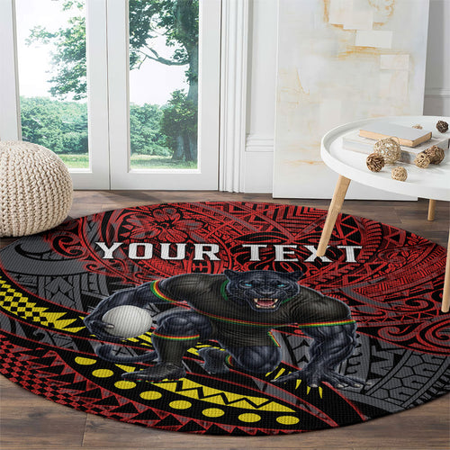 Personalised Penrith Panthers Round Carpet Polynesian Tribal Art Style With Fierce Panther Mascot