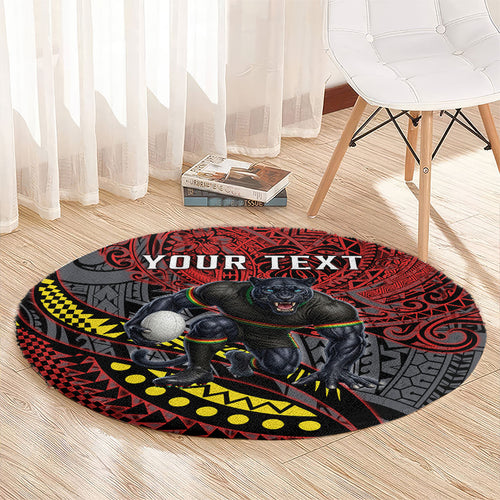 Personalised Penrith Panthers Round Carpet Polynesian Tribal Art Style With Fierce Panther Mascot