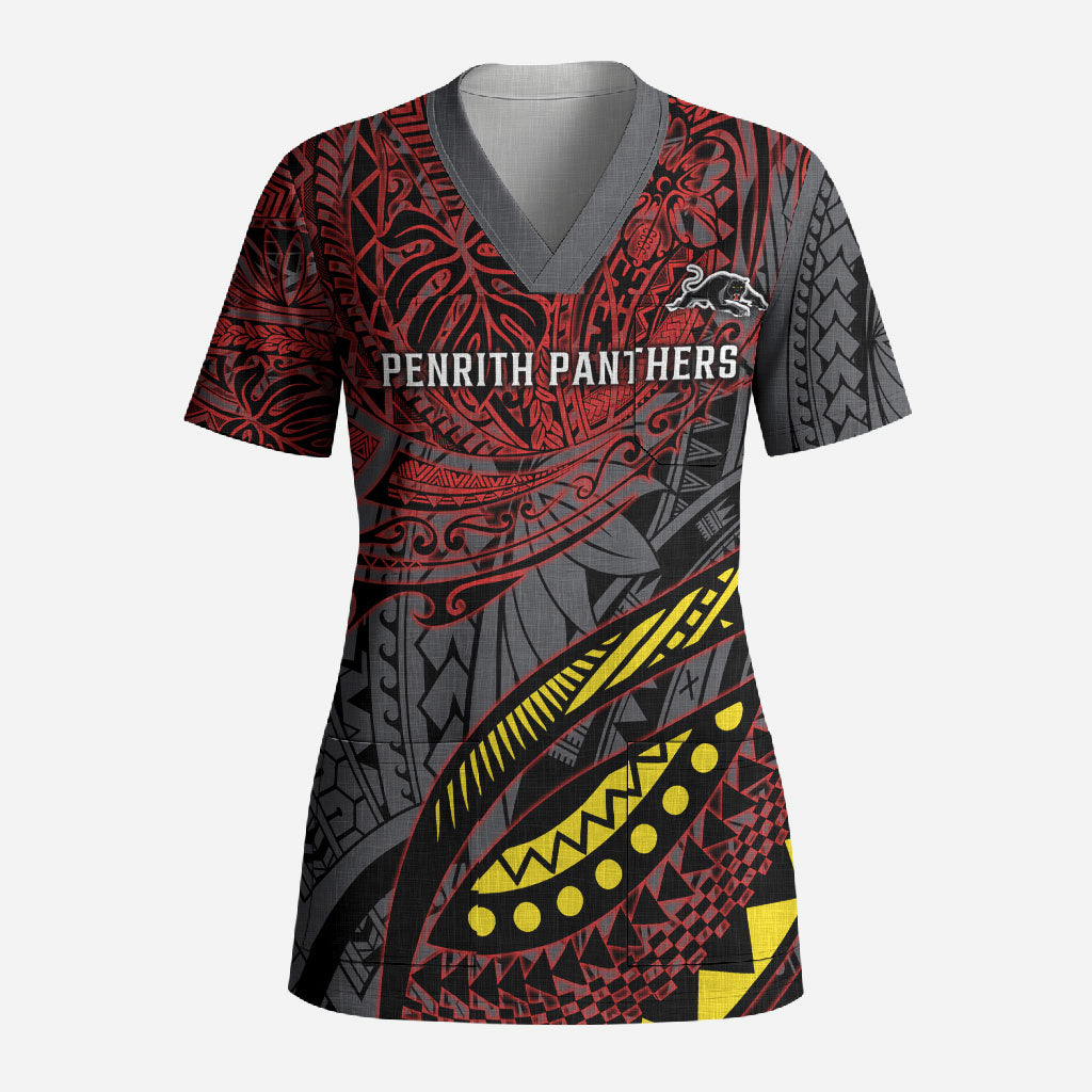 Personalised Penrith Panthers Scrub Top Polynesian Tribal Art Style With Fierce Panther Mascot