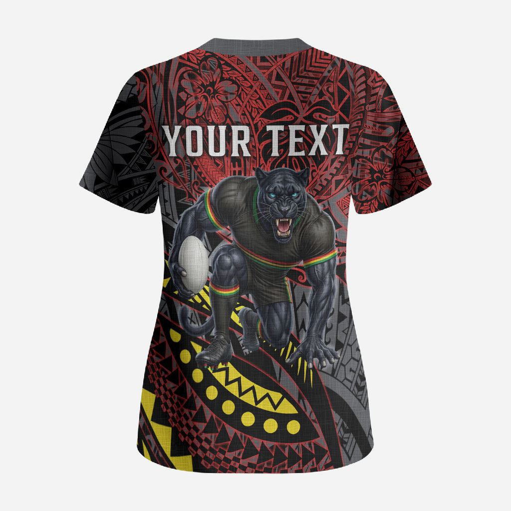 Personalised Penrith Panthers Scrub Top Polynesian Tribal Art Style With Fierce Panther Mascot