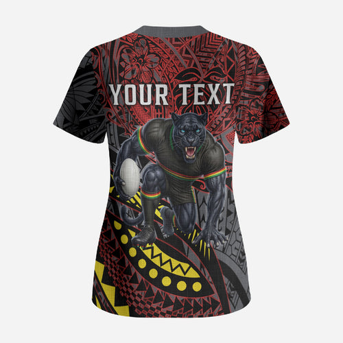 Personalised Penrith Panthers Scrub Top Polynesian Tribal Art Style With Fierce Panther Mascot