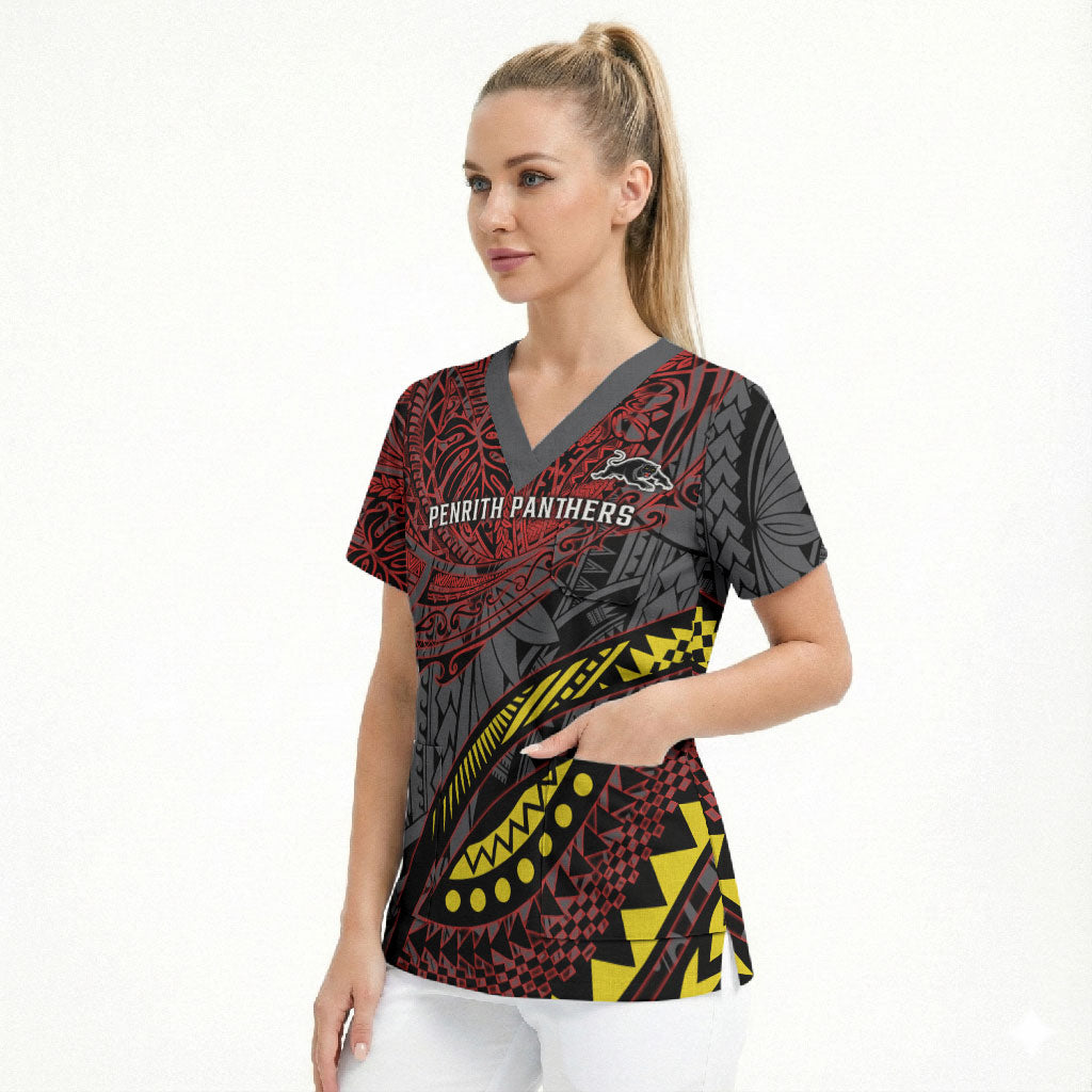 Personalised Penrith Panthers Scrub Top Polynesian Tribal Art Style With Fierce Panther Mascot