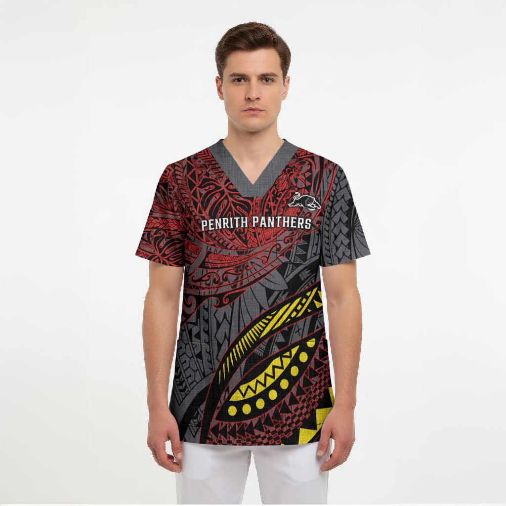 Personalised Penrith Panthers Scrub Top Polynesian Tribal Art Style With Fierce Panther Mascot