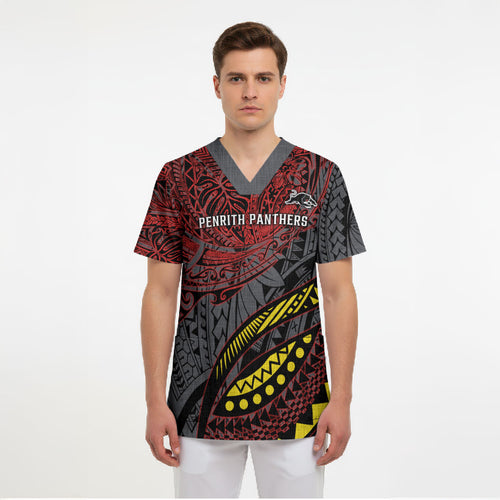 Personalised Penrith Panthers Scrub Top Polynesian Tribal Art Style With Fierce Panther Mascot
