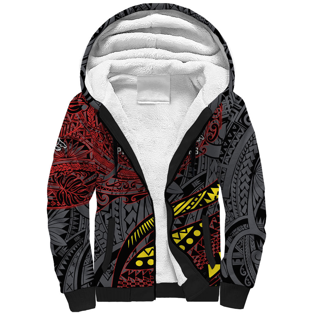 Personalised Penrith Panthers Sherpa Hoodie Polynesian Tribal Art Style With Fierce Panther Mascot