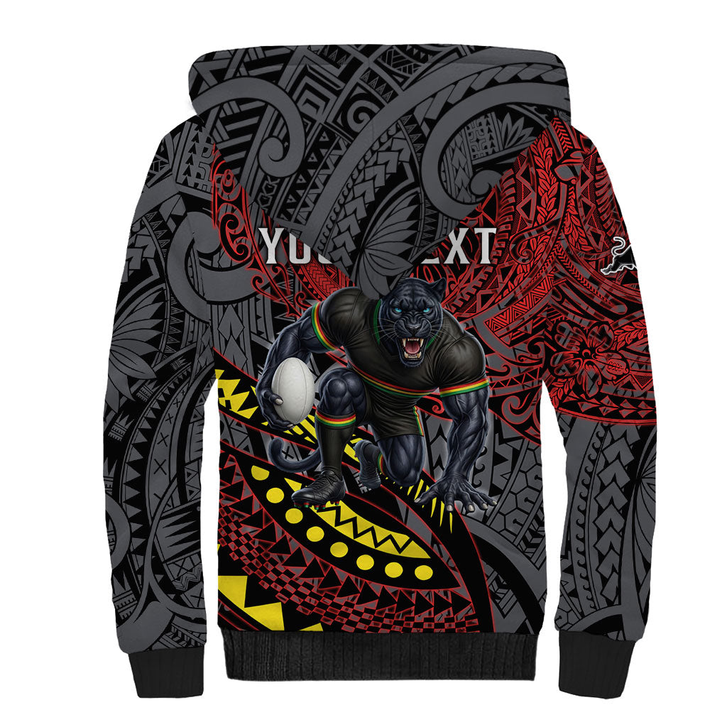Personalised Penrith Panthers Sherpa Hoodie Polynesian Tribal Art Style With Fierce Panther Mascot