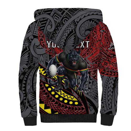 Personalised Penrith Panthers Sherpa Hoodie Polynesian Tribal Art Style With Fierce Panther Mascot