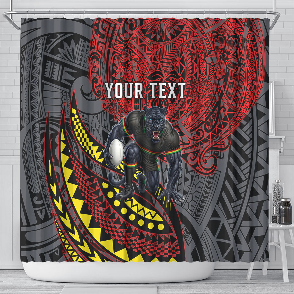 Personalised Penrith Panthers Shower Curtain Polynesian Tribal Art Style With Fierce Panther Mascot