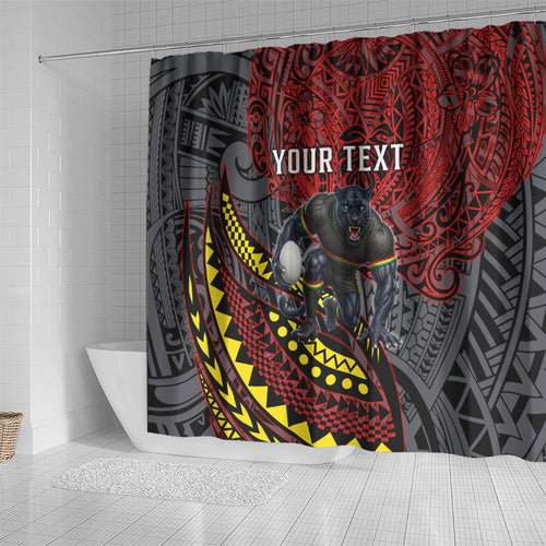 Personalised Penrith Panthers Shower Curtain Polynesian Tribal Art Style With Fierce Panther Mascot
