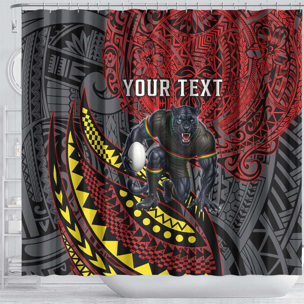 Personalised Penrith Panthers Shower Curtain Polynesian Tribal Art Style With Fierce Panther Mascot