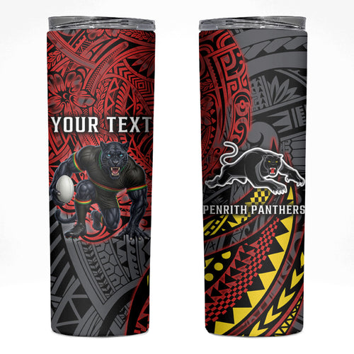Personalised Penrith Panthers Skinny Tumbler Polynesian Tribal Art Style With Fierce Panther Mascot
