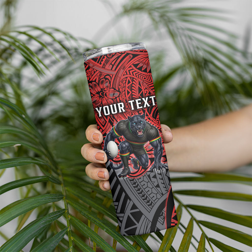 Personalised Penrith Panthers Skinny Tumbler Polynesian Tribal Art Style With Fierce Panther Mascot