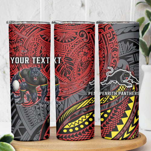 Personalised Penrith Panthers Skinny Tumbler Polynesian Tribal Art Style With Fierce Panther Mascot