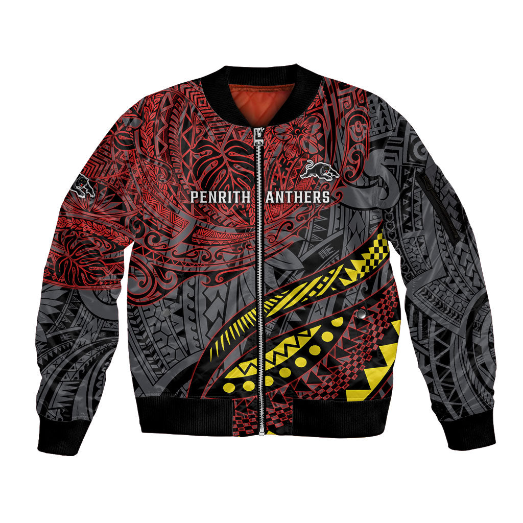 Personalised Penrith Panthers Sleeve Zip Bomber Jacket Polynesian Tribal Art Style With Fierce Panther Mascot