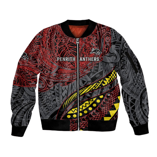 Personalised Penrith Panthers Sleeve Zip Bomber Jacket Polynesian Tribal Art Style With Fierce Panther Mascot