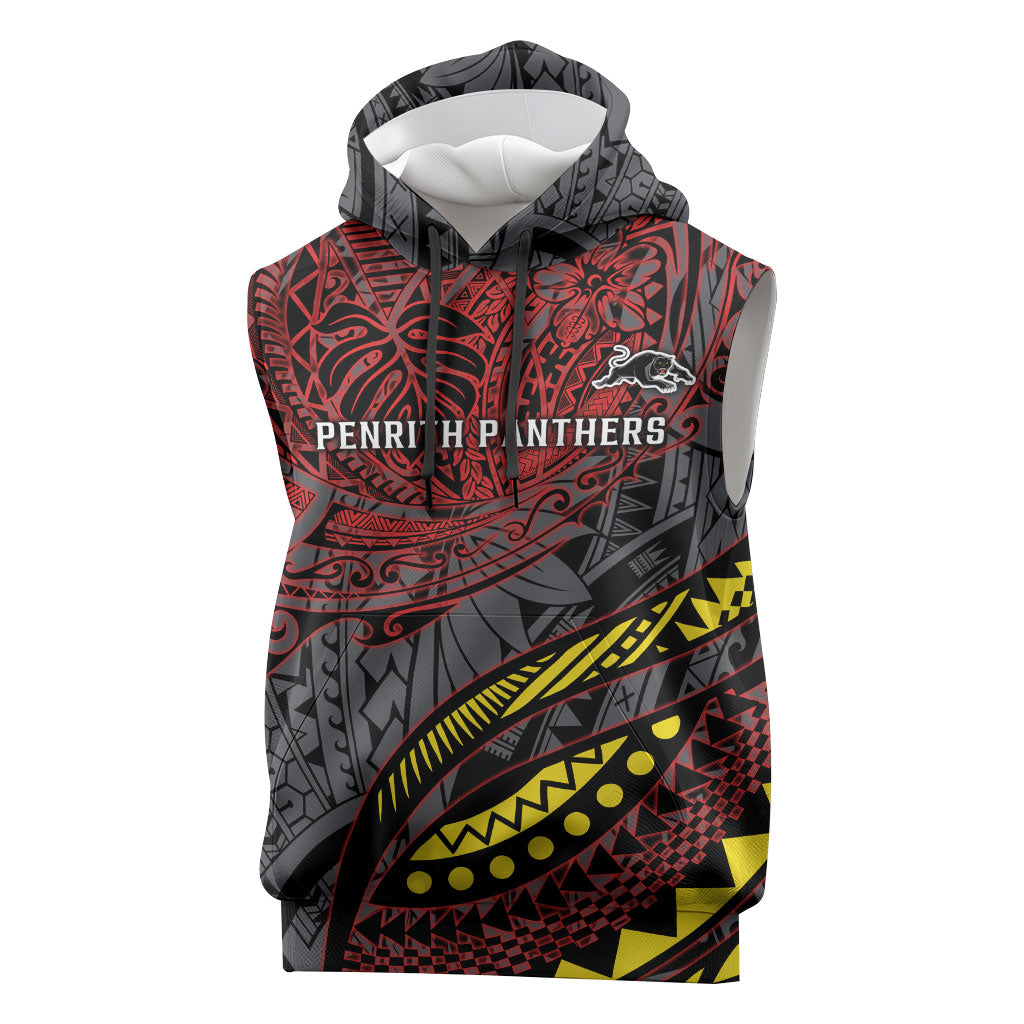 Personalised Penrith Panthers Sleeveless Hoodie Polynesian Tribal Art Style With Fierce Panther Mascot