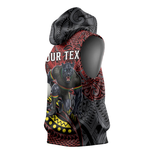 Personalised Penrith Panthers Sleeveless Hoodie Polynesian Tribal Art Style With Fierce Panther Mascot