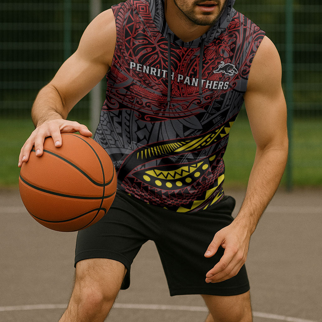 Personalised Penrith Panthers Sleeveless Hoodie Polynesian Tribal Art Style With Fierce Panther Mascot