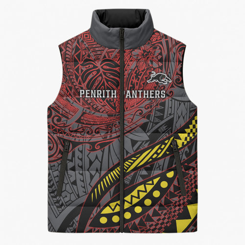 Personalised Penrith Panthers Sleeveless Puffer Jacket Polynesian Tribal Art Style With Fierce Panther Mascot