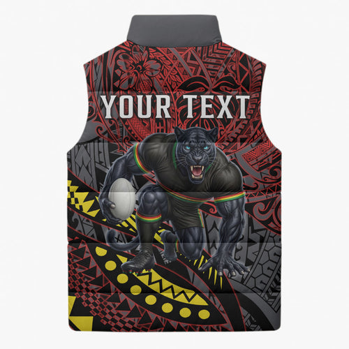 Personalised Penrith Panthers Sleeveless Puffer Jacket Polynesian Tribal Art Style With Fierce Panther Mascot