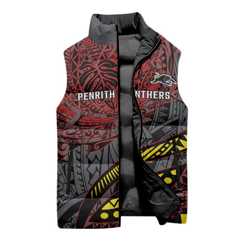 Personalised Penrith Panthers Sleeveless Puffer Jacket Polynesian Tribal Art Style With Fierce Panther Mascot