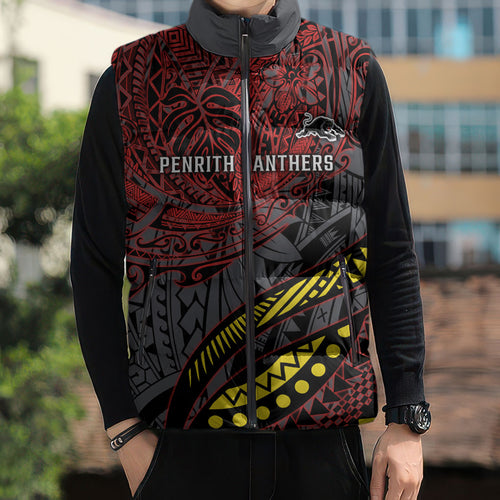 Personalised Penrith Panthers Sleeveless Puffer Jacket Polynesian Tribal Art Style With Fierce Panther Mascot