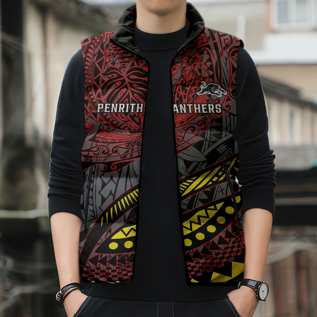 Personalised Penrith Panthers Sleeveless Puffer Jacket Polynesian Tribal Art Style With Fierce Panther Mascot