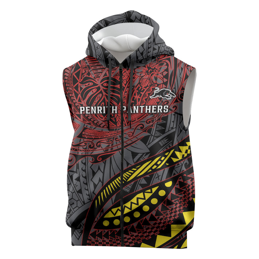Personalised Penrith Panthers Sleeveless Zip Hoodie Polynesian Tribal Art Style With Fierce Panther Mascot