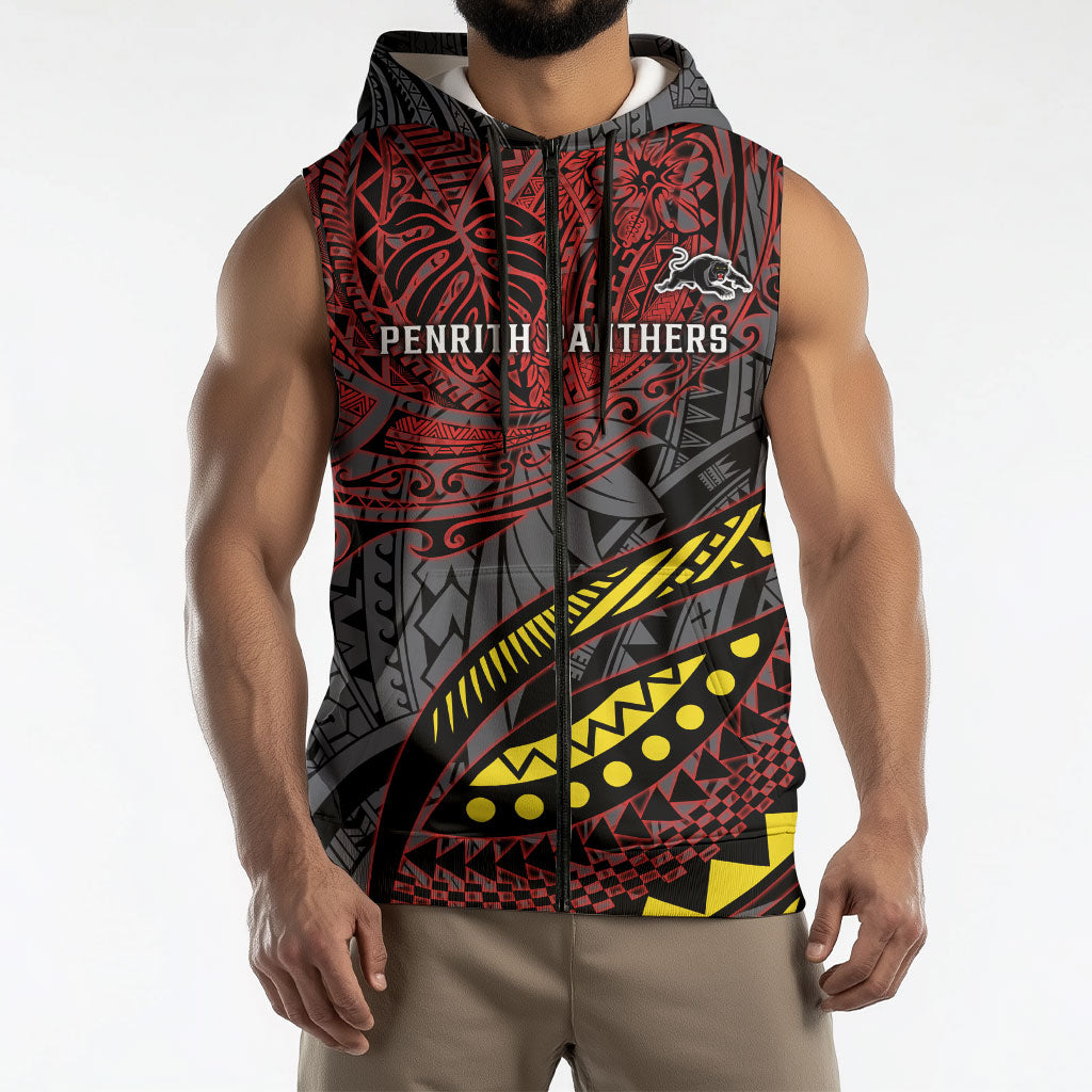 Personalised Penrith Panthers Sleeveless Zip Hoodie Polynesian Tribal Art Style With Fierce Panther Mascot