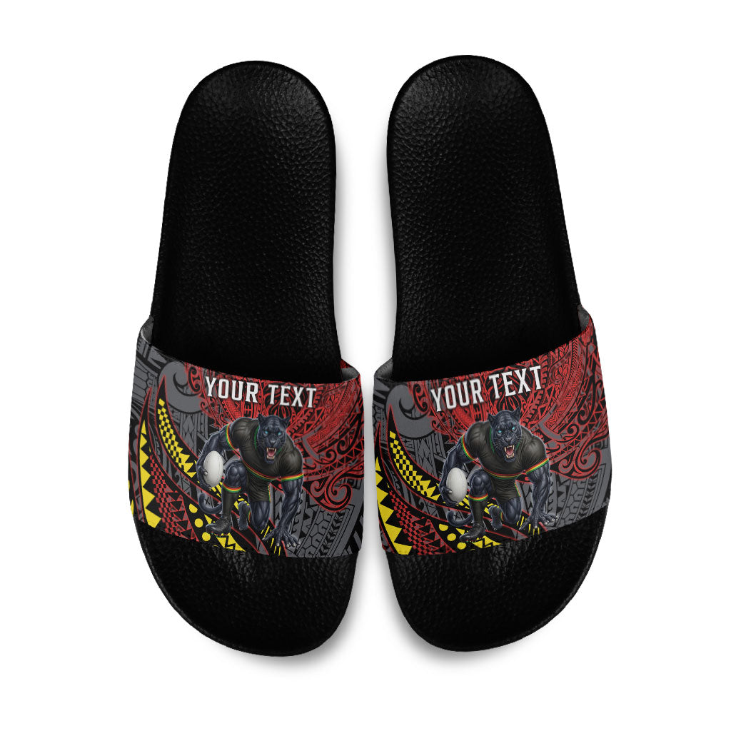 Personalised Penrith Panthers Slide Sandals Polynesian Tribal Art Style With Fierce Panther Mascot