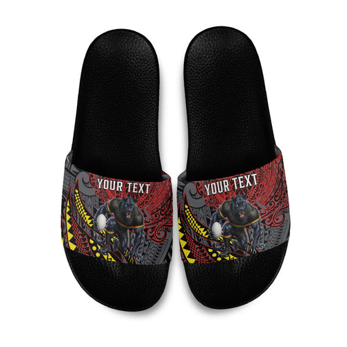 Personalised Penrith Panthers Slide Sandals Polynesian Tribal Art Style With Fierce Panther Mascot
