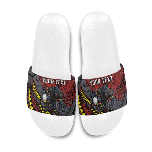 Personalised Penrith Panthers Slide Sandals Polynesian Tribal Art Style With Fierce Panther Mascot