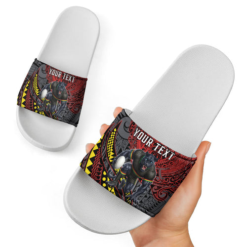 Personalised Penrith Panthers Slide Sandals Polynesian Tribal Art Style With Fierce Panther Mascot