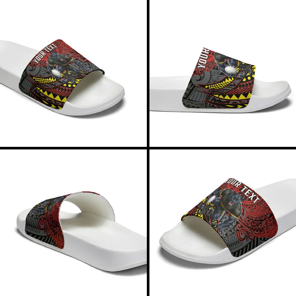 Personalised Penrith Panthers Slide Sandals Polynesian Tribal Art Style With Fierce Panther Mascot