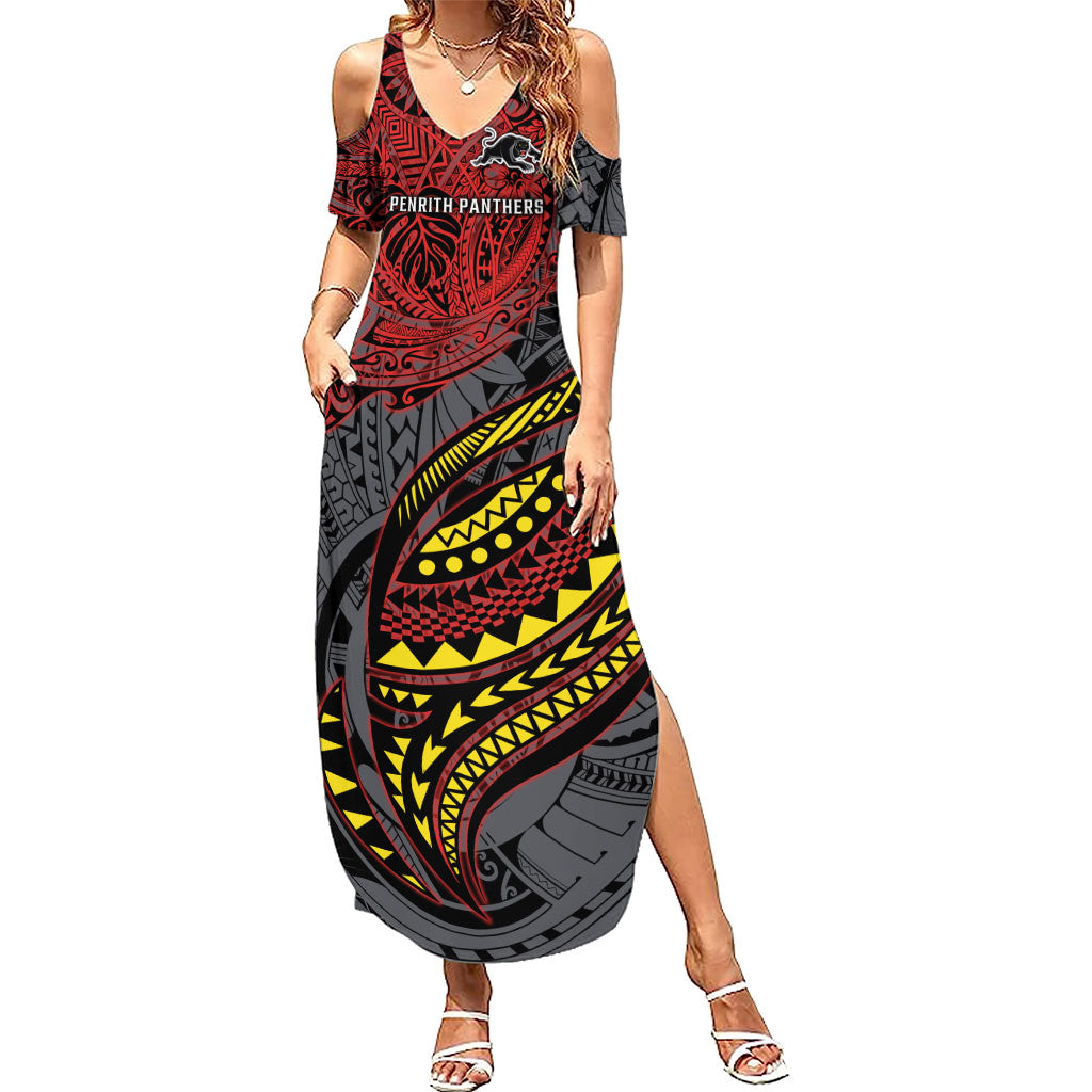 Personalised Penrith Panthers Summer Maxi Dress Polynesian Tribal Art Style With Fierce Panther Mascot