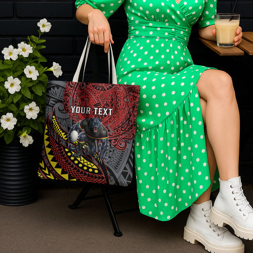 Personalised Penrith Panthers Tote Bag Polynesian Tribal Art Style With Fierce Panther Mascot