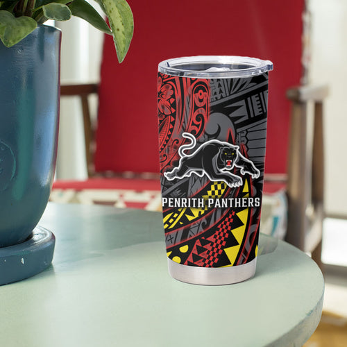 Personalised Penrith Panthers Tumbler Cup Polynesian Tribal Art Style With Fierce Panther Mascot