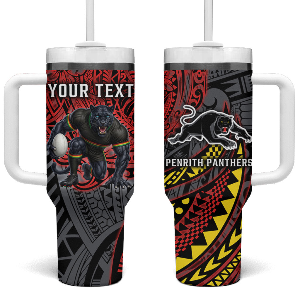 Personalised Penrith Panthers Tumbler With Handle Polynesian Tribal Art Style With Fierce Panther Mascot