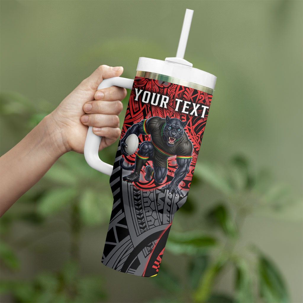 Personalised Penrith Panthers Tumbler With Handle Polynesian Tribal Art Style With Fierce Panther Mascot