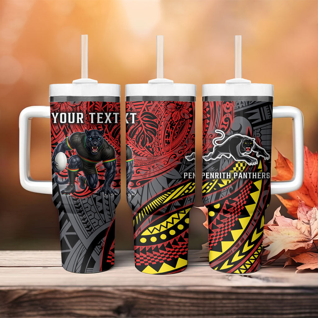 Personalised Penrith Panthers Tumbler With Handle Polynesian Tribal Art Style With Fierce Panther Mascot